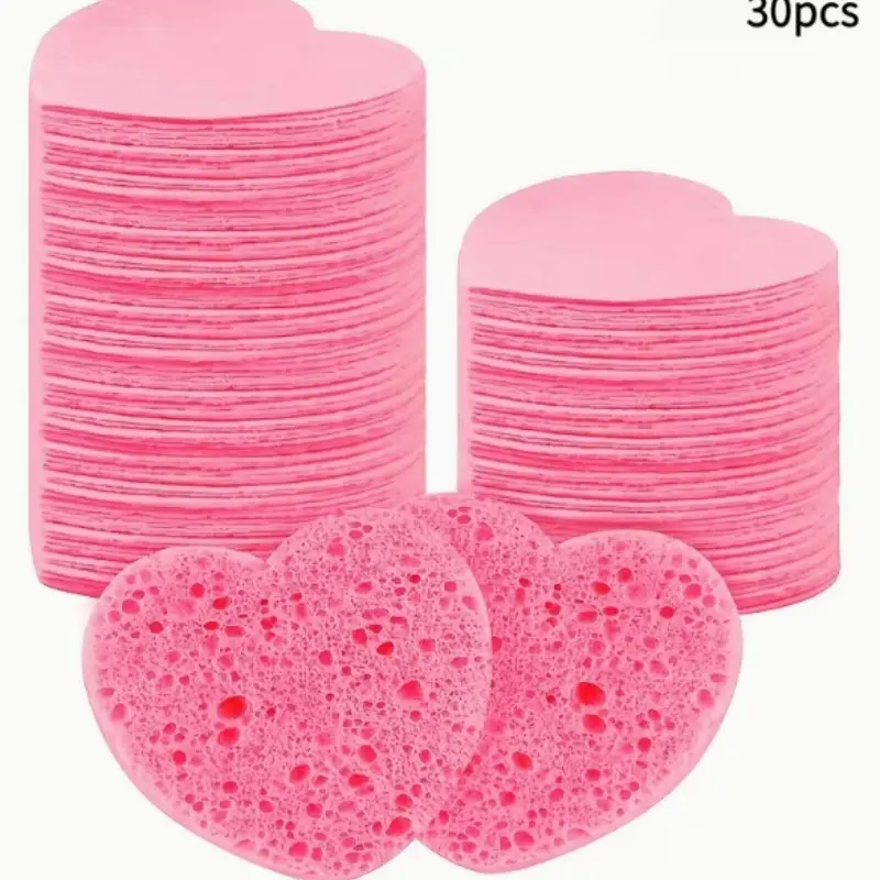 30pcs Heart-Shaped Cleansing Sponges, Compressed Cosmetic Soft Makeup Remover Sponges, Suitable for Makeup Removal Exfoliating Cleaning Travel Tools, Makeup Remover Set