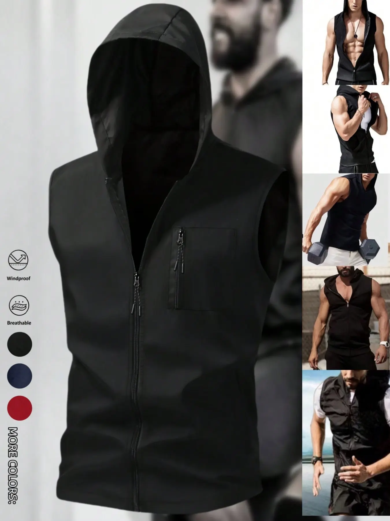 Men's Lightweight Breathable Windbreaker Vest Gilet, Outdoor Sports Casual Athletic Chest Pocket Zipper Hooded Activewear Jacket, Foldable Thin Fishing Vest