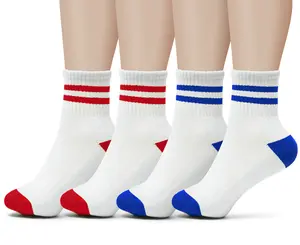 Mini Crew Socks for Women Soft Comfort Terrycloth Bottom Cute Striped Retro Athletic Quarter Calf Gym Socks (4-Pack) Comfy Cotton White With red and Blue stripe