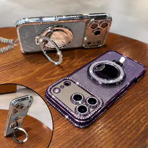 Women's Phone Case with Mirror & Stand for iPhone 12/13/14/15/16/17 Pro Max, 17Air, 14/15/16 Plus Shiny Frame Full-Body Drop-Resistant Design