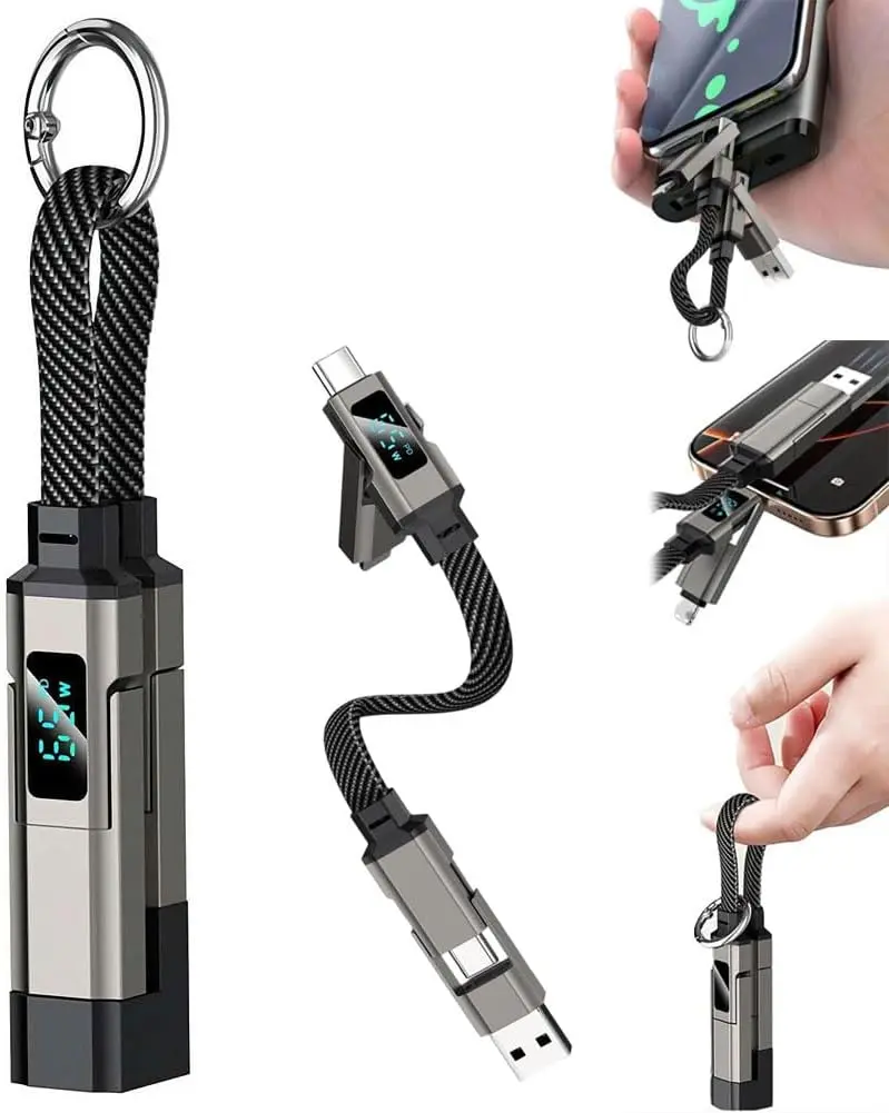 【Limited-Time Flash Sale】4-in-1 Fast Charging Data Cable (with Digital Display)—Keychain-Style Mobile Phone Data Cable