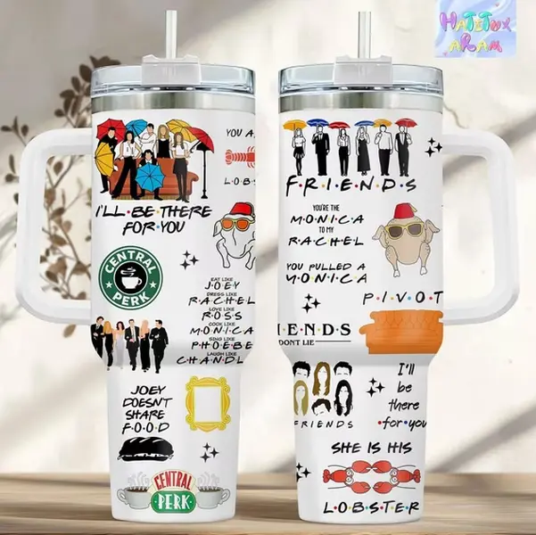 [Friends TV Show, Central Perk Aesthetic & 90s Sitcom Culture] 20oz 40oz Friends TV Show Stainless Steel Tumbler with Handle, Insulated Travel Mug with Lid & Straw - Friends Fan Gift