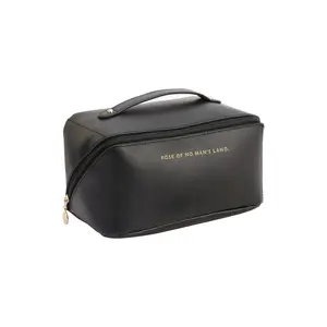 FHSY SHOP Luxury Black PU Makeup Bag with Gold Lettering Portable Travel Cosmetic Organizer with Top Handle for Daily Use, Travel, and Toiletry Storage