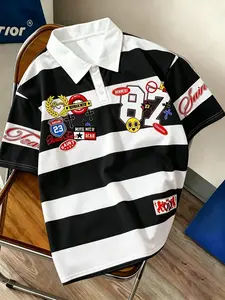 Men's Streetwear Casual Polo Shirt, College Style Striped T-Shirt, Unique Letter Number Pattern, Ideal for School, Outing, Gift