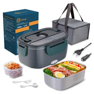 Electric Lunch Box Food Heater 80W Portable Heated Lunch Box for Adults 3 in 1 Portable Food Warmer 110V/12V/24V, with 1,8L Removable Stainless Steel Container & Bag
