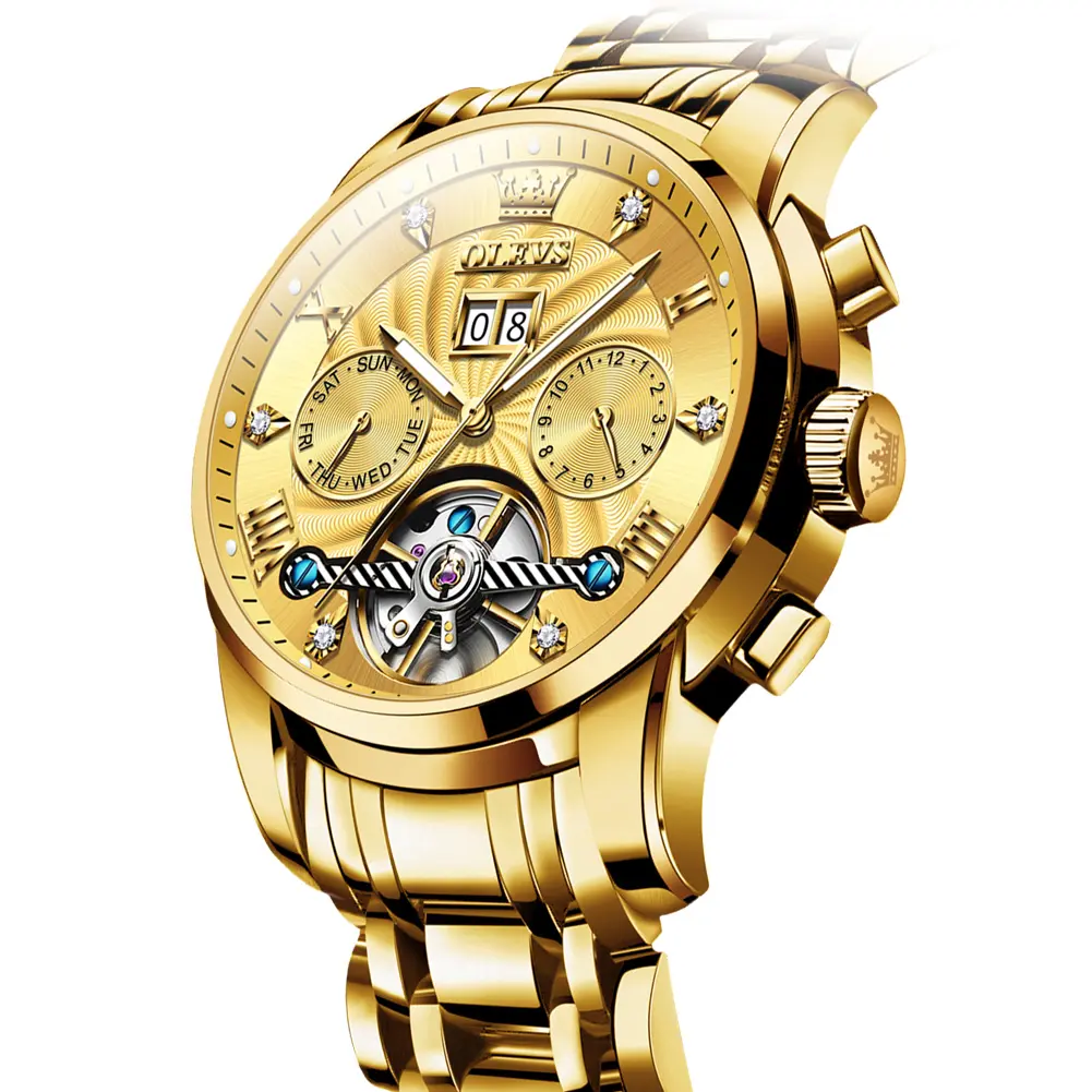 OLEVS Men's Round Automatic Movement Watch, 41mm Luxury Skeleton Dial with Tourbillon View, Stainless Steel Metal Strap with Clasp, Hardlex Glass, Luminous, 30M Waterproof, Mechanical, Analog-Digital