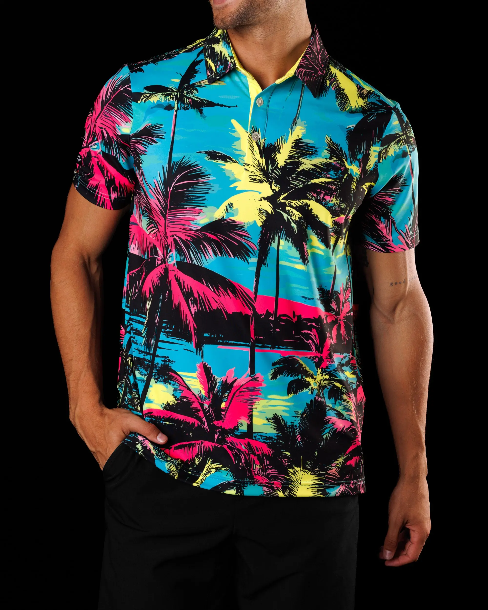 His & Hers Matching Tropical Polo Shirts Bundle - Men's & Women's Spandex-Blend, Wrinkle-Resistant, Breathable Sun-Ready Tops, Fabric, Neon, Upf 40, Menswear, Sun Protection, Sunsets, Sporty Chic, Moisture-Wick, Performance Polo, Wrinkle-Free, Casual, Fru