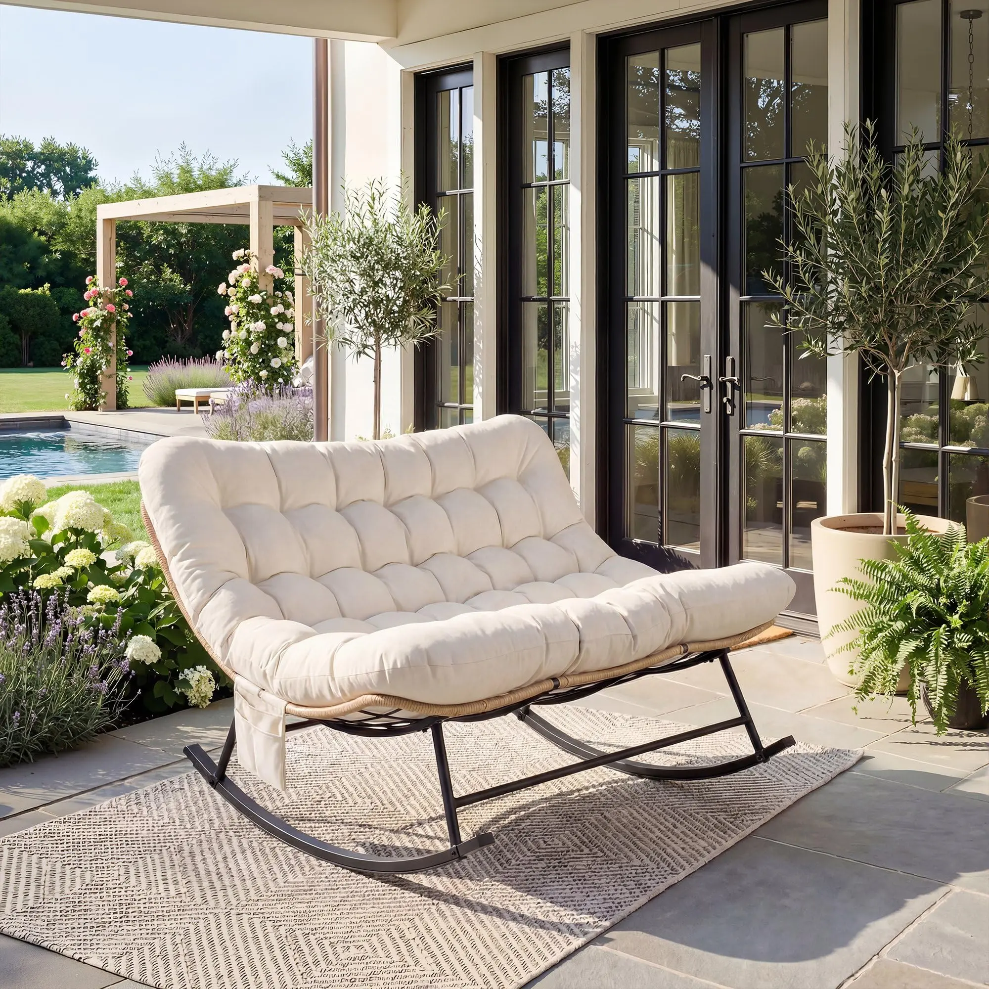 Reinforced Steel Patio Rocking Chair | 450 lbs Capacity | Weather-Resistant Rattan with UV-Proof Cushion | Tool-Free Assembly | Sturdy Rubber Wood Legs & Side Pocket | For Indoor & Outdoor Use