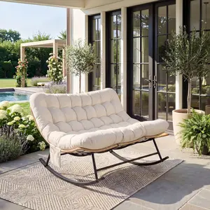 Reinforced Steel Patio Rocking Chair | 450 lbs Capacity | Weather-Resistant Rattan with UV-Proof Cushion | Tool-Free Assembly | Sturdy Rubber Wood Legs & Side Pocket | For Indoor & Outdoor Use