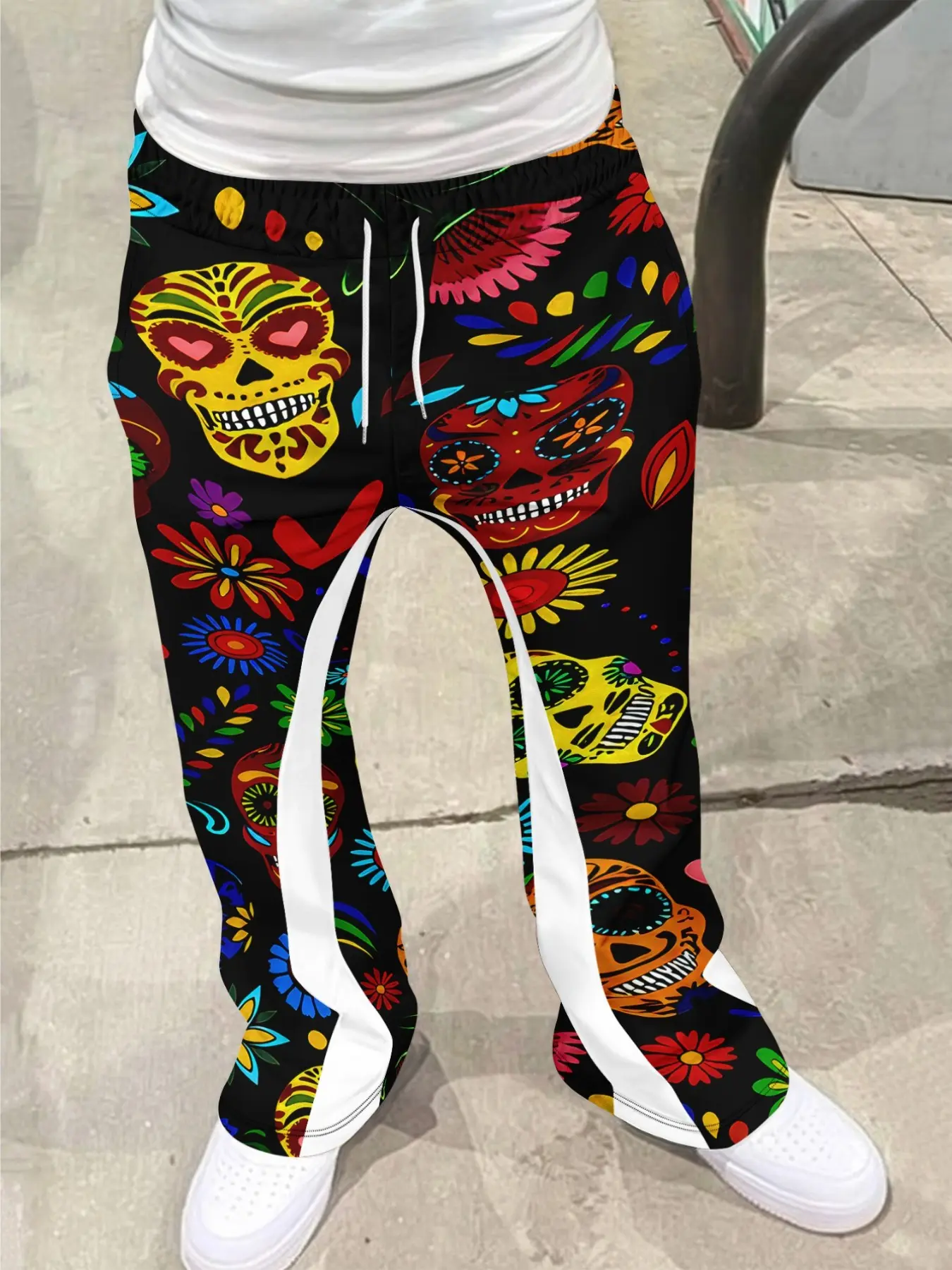 Men's Vintage Halloween Skull Print Flared Trousers, Casual Slim-Fit Streetwear, Comfortable Drawstring Waist, All-Season Fashion, Casual Pants