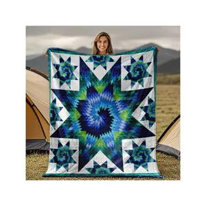 American Southwestern Turquoise Blue & White Southwestern Blanket - All-Season Soft Quilted Flannel Bedspread With -Inspired Geometric Star & Patterns, Couch/Bed Cover For Home, Camping, RV - Machine Washable-30*40in