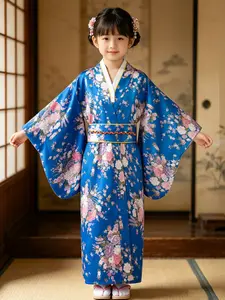 Girls Japanese Kimono Yukata Dress Blue Sakura Print Kimono with Obi Belt Kids Traditional Costume for Festival Cosplay Halloween & Cherry Blossom/ Photoshoot /Birthday Party
