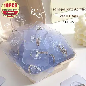 10pcs Transparent Adhesive Hook, Multifunctional Hanging Storage Hooks,Heavy Duty Self-adhesive Wall Hooks, For Home Room Wall Door CabinetKeys, Bathroom, Shower, Outdoor, Kitchen, Door, Home Improvement