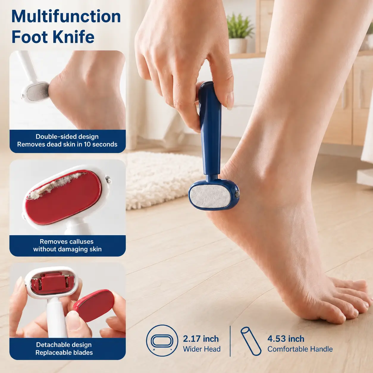 Dual-Sided Foot Callus Remover - Handheld Manual Foot Care Tool with Replaceable Stainless Steel Blade, Safe Heels Exfoliator for Thick Hard Cracked Skin Corns, Callus Remover For Feet