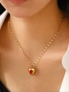 Elegant Heart Gemstone Pendant Necklace, Women's Stainless Steel Clavicle Chain, Perfect for Daily Wear & Parties, Stylish Accessory, Heart Shaped Necklace