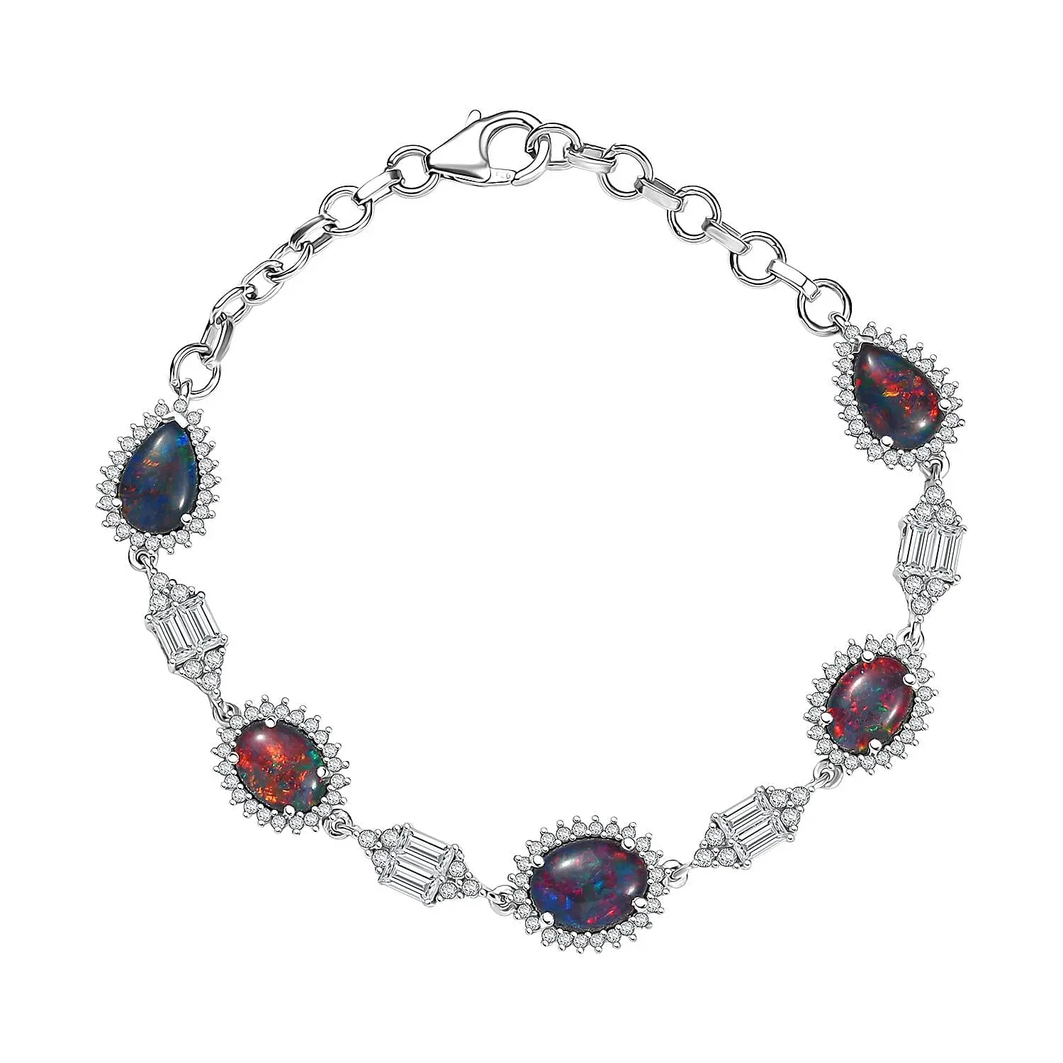 D'Joy Elysian Opal (Triplet) and White Zircon 8.00 ctw City Skylines Bracelet in Rhodium Over Sterling Silver (7.25 In)