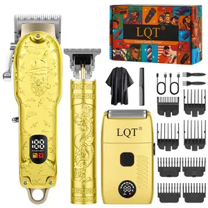LQT 3-Piece Professional Cordless Men's Grooming Kit - 2000mAh Rechargeable Hair Clipper, Detail Trimmer & Shaver Set with LED Digital Display, 8W Powerful Motor, Gold Vintage Edition for Home Haircuts, Fades & Beard Trimming