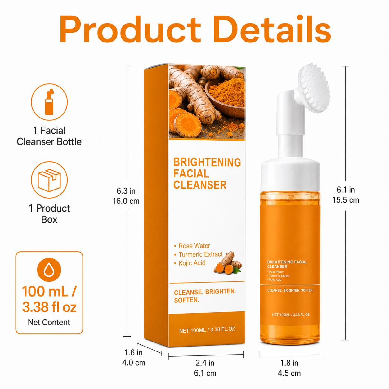 Turmeric & Kojic Acid Foaming Facial Cleanser (100ml) with Built-In Silicone Brush, Gentle Brightening Foamy Foam Face Wash with Turmeric Blend, Rose Water for All Skin Types, Daily Use & Freshness