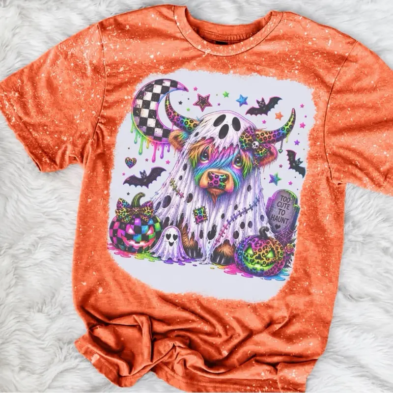 Halloween - LF Highland Cow Bleached Shirt Comfy Unisex Jersey Top Casual Vintage Style Short Sleeve Crew Neck Medium Length