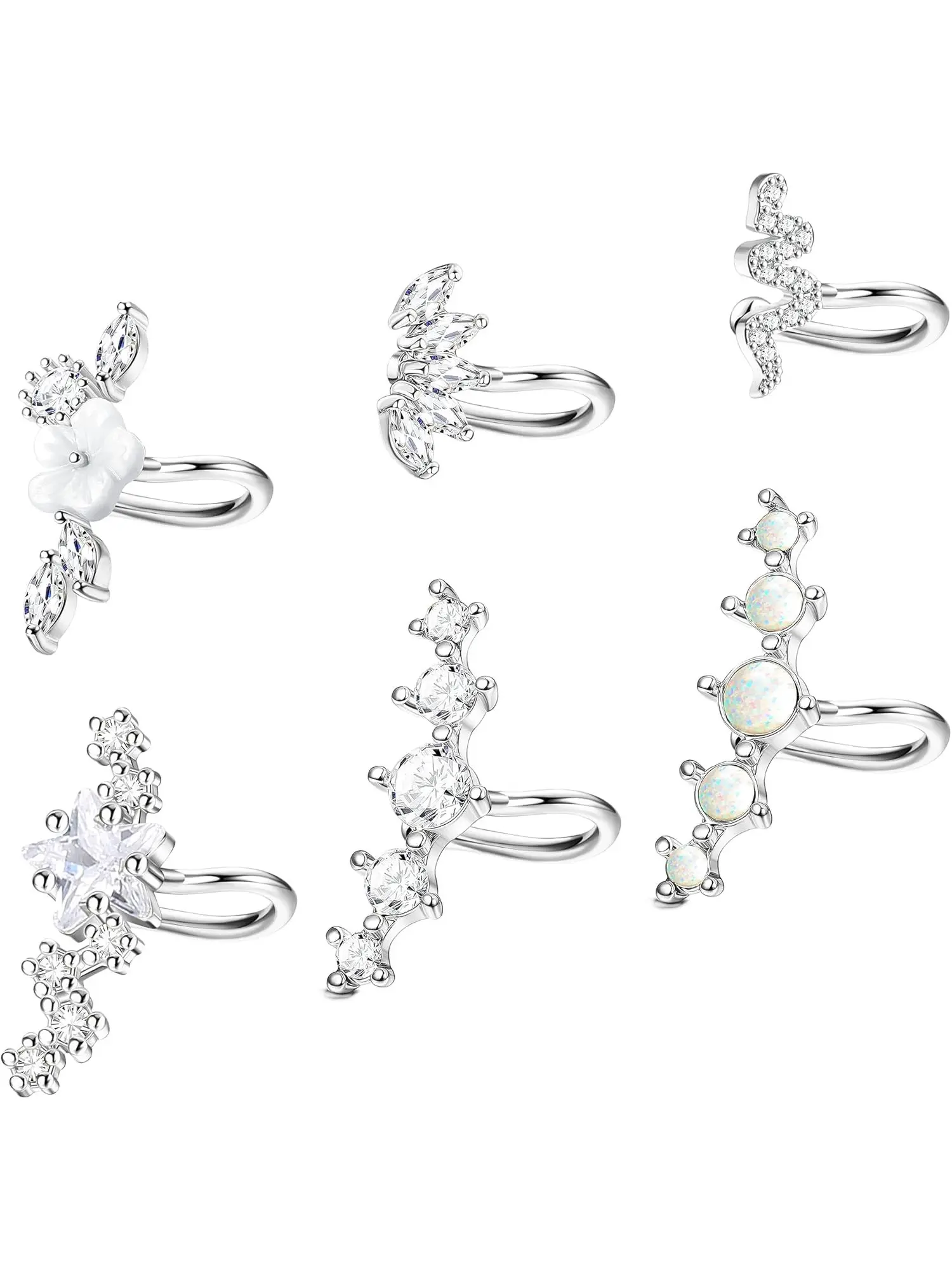 6Pcs Ear Cuffs Hoop climber Earring for Women Cartilage 5 CZ Ear Cuff Clip on Earrings with Cubic Zirconia Opal Ear Crawler Fake Helix Conch Daith Non Piercing Jewelry Set Earcuff