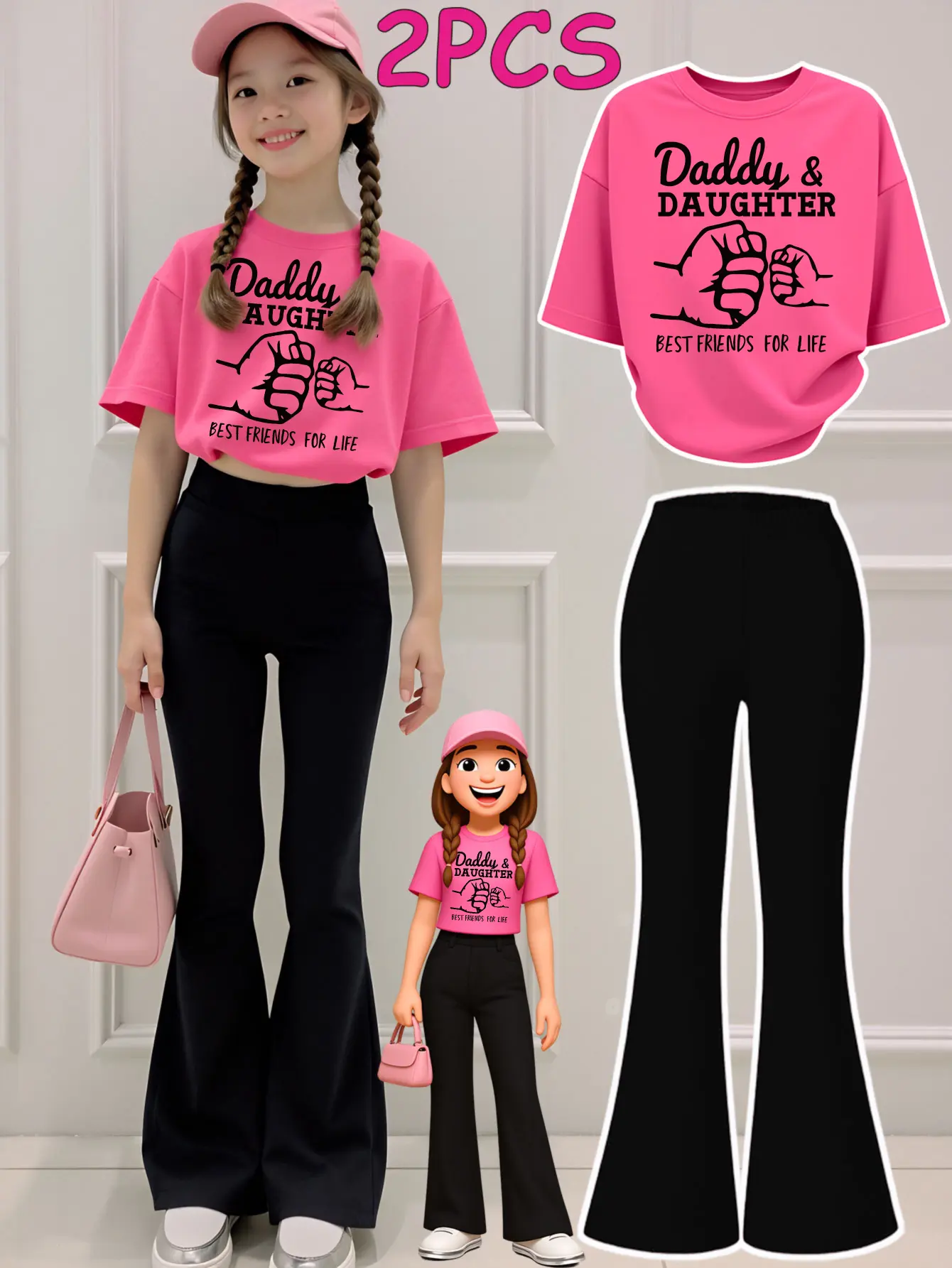 2PCS  Tween Girls Clothes T-Shirt Set  Daddy And Daughter Best Friends For Life Print Girl Clothes Short-Sleeved Round Neck T-Shirt Bell Bottom Pants Set Perfect For Outdoor  Kids Clothes Casual Summer Set, Polyester, Outdoor Wear, Kids Clothing Girls
