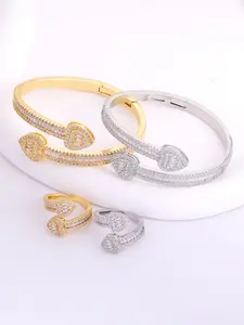 Women's 18k Gold-Plated Copper Zircon Heart-Shaped Adjustable Ring Bracelet Set, Romantic Bling Jewelry Gift for Her