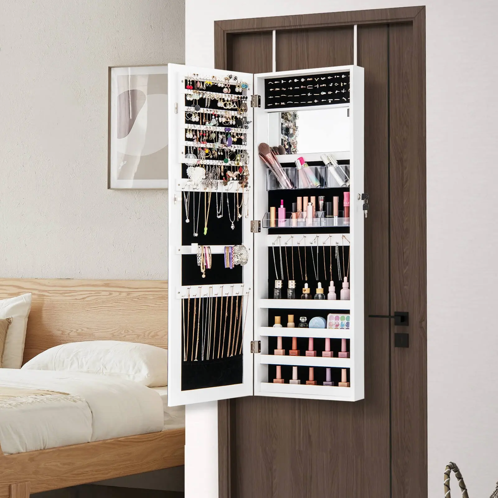 Classic 43.5" Jewelry Mirror Cabinet with Full-Length & Interior Mirrors for Makeup & Jewelry Storage - Wall-Mountable & Space-Saving Design