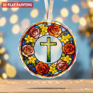 Stained Glass Cross Rose Acrylic Ornament 8x8cm, Christian Faith Floral Hanging Decor, Religious Gift for Home, Car, Church, Baptism, Easter, Wedding Decor