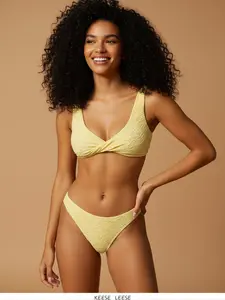 Women's Pure Yellow Two Piece Bikini Set - Trendy High Waist Swimwear for Beach Summer Vacation