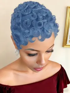 Gray Short Pixie Cut Wigs Human Hair Wave Wigs With Bangs Curly Pixie Cut Wigs Full Machine Made Fluffy Wigs