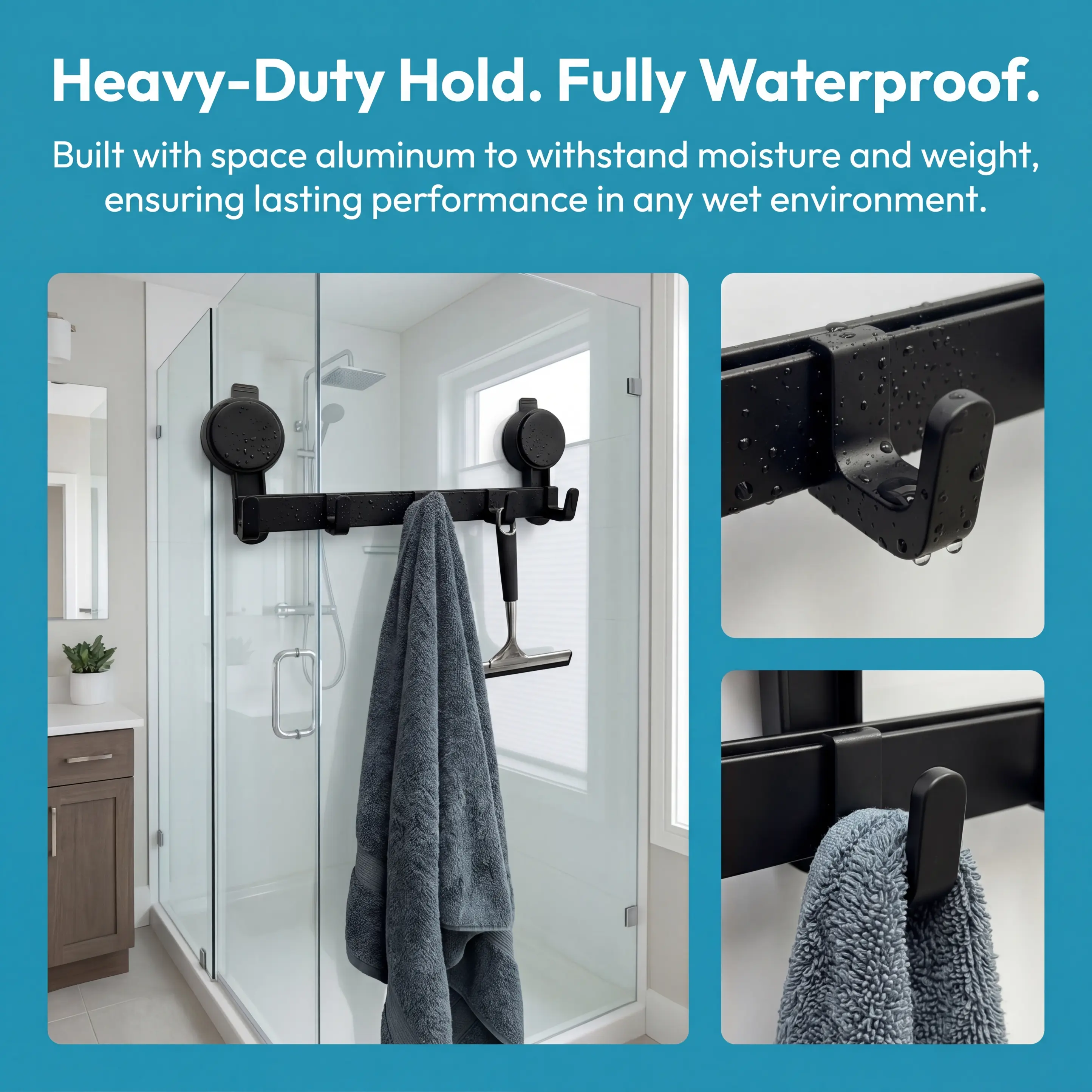 5-Hook Self-Adhesive Wall Mounted Rack, Damage-Free Renter-Friendly No-Drill Removable Hanger, Super Strong Space Aluminum Hook, Waterproof Rustproof Bathroom Organizer Supplies for Towel, Coat, Bag, Hat, Easy Install for Bathroom, Kitchen, Removable Hook