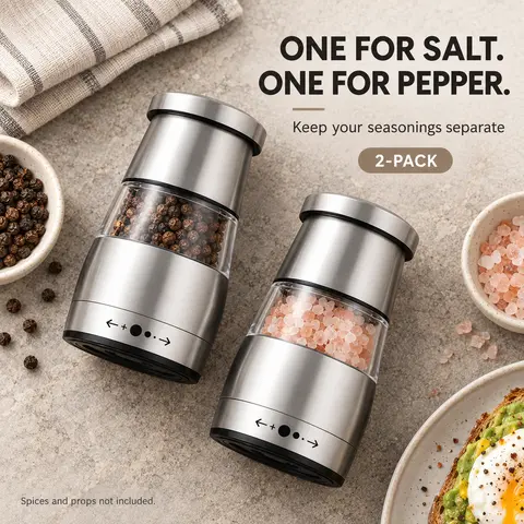 2-Pack Stainless Steel Manual Salt and Pepper Grinder Set, Adjustable Coarseness, Compact Spice Mills for Kitchen, Dining Table & Everyday Cooking