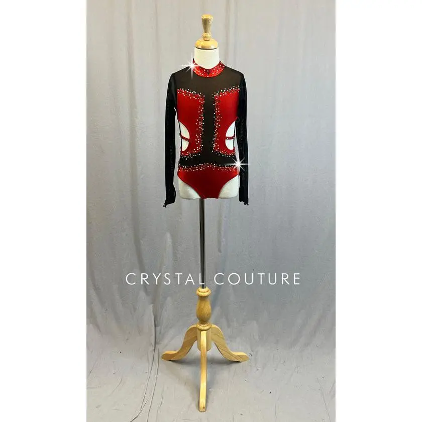 Custom Red Leotard with Black Mesh Sleeves and Cutouts - Rhinestones