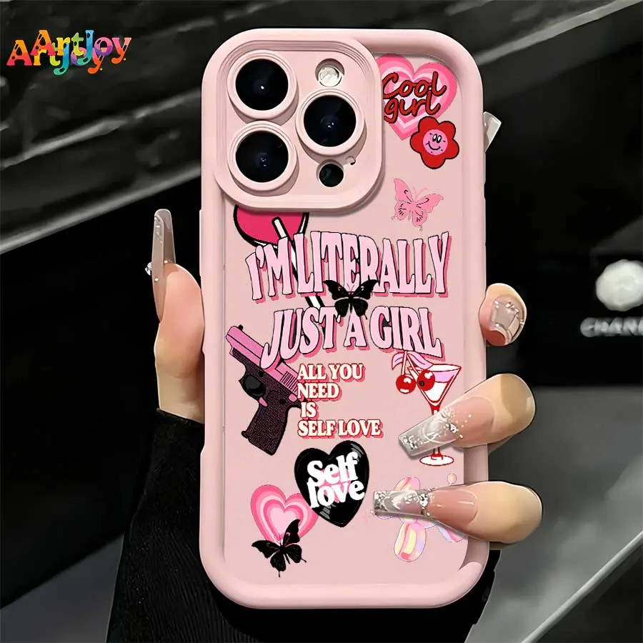 Shockproof Phone Case with Pink Lens Frame, Sweet-Cool Girl-Style Collage Print (Slogans, Hearts, Butterflies, Flowers) for iPhone 17 Pro Max,16,16 Plus,15,14,13,12, Ideal Holiday Gift