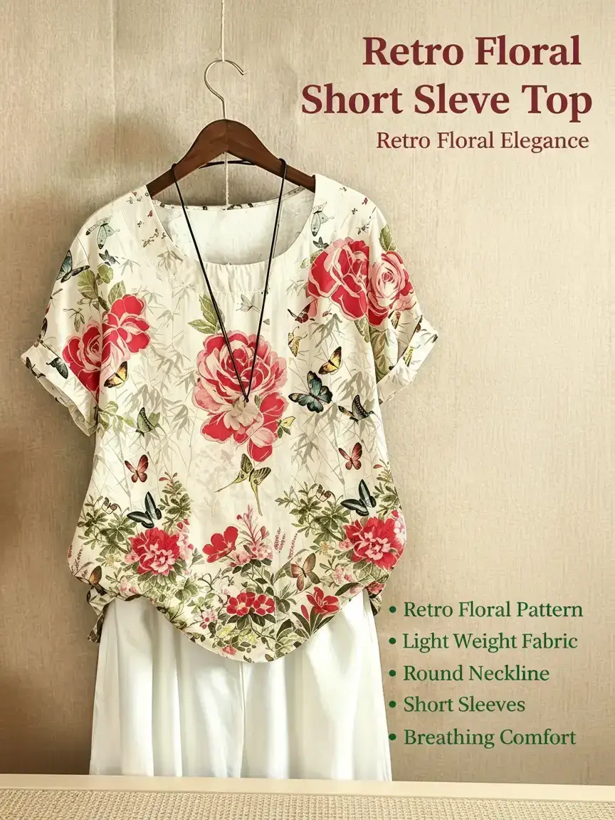 Women's Retro Blouse with Chic Rose Butterfly Print, Casual Short Sleeve Loose Fit, Lightweight for Summer Resort Wear, Retro Pattern, Round Neck