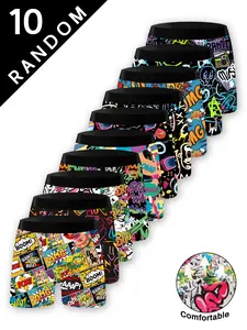 10 Random Men's Graffiti Boxer Shorts, Colorful Fun Print, Comfortable Fit, Breathable Fabric for Everyday Wear, Stretch Boxer Shorts