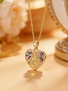 Virgin Mary Relief Heart Colorful Rhinestone Pendant Necklace, Heart Design Necklace, Religious Style Daily Wear Clavicle Chain, 1 Piece Pack