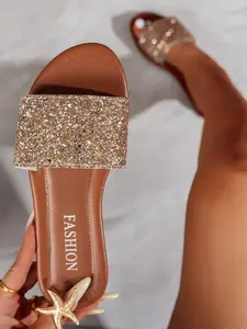 Summer Luxury Rhinestone Embellished Round Toe Flat Sandals, Fashion Large Size Women's Vacation Beach Flats, Casual Boho Style Footwear