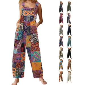 SCUSTY Overalls Women's Patchwork Dual Pocket Jumpsuit Summer Boho Loose Floral Print Bohemian Wide Leg Bib Overall