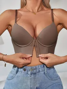 Women's Solid Buckle Front Push Up Wireless Padded Bra, Casual Comfortable Breathable Bra for Daily Wear, Women's Lingerie for All Seasons