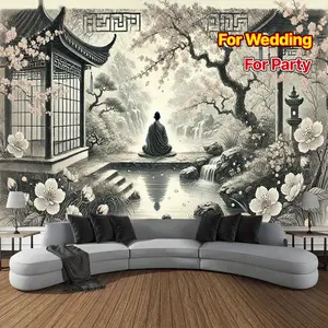 1pc Extra Large 243.84x182.88 cm Polyester Tapestry - Serene Zen Monk Meditating in Tranquil Temple Scene with Cherry Blossoms & Waterfalls, Asian-Inspired Wall Hanging for Living Room, Bedroom, Office, Party Decor (Weddings, Birthdays, Graduations), Wedd