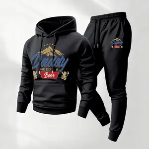 Men's Daddy Needs A Beer Print Hoodie and Drawstring Sweatpants Set,Menswear,Casual Athletic Long Sleeve Hooded Jacket & Trousers for Fall & Winter,Men's Clothing for Daily Wear,Sportswear Indoor Outdoor,Tracksuit, Athleisure Summer Clothes