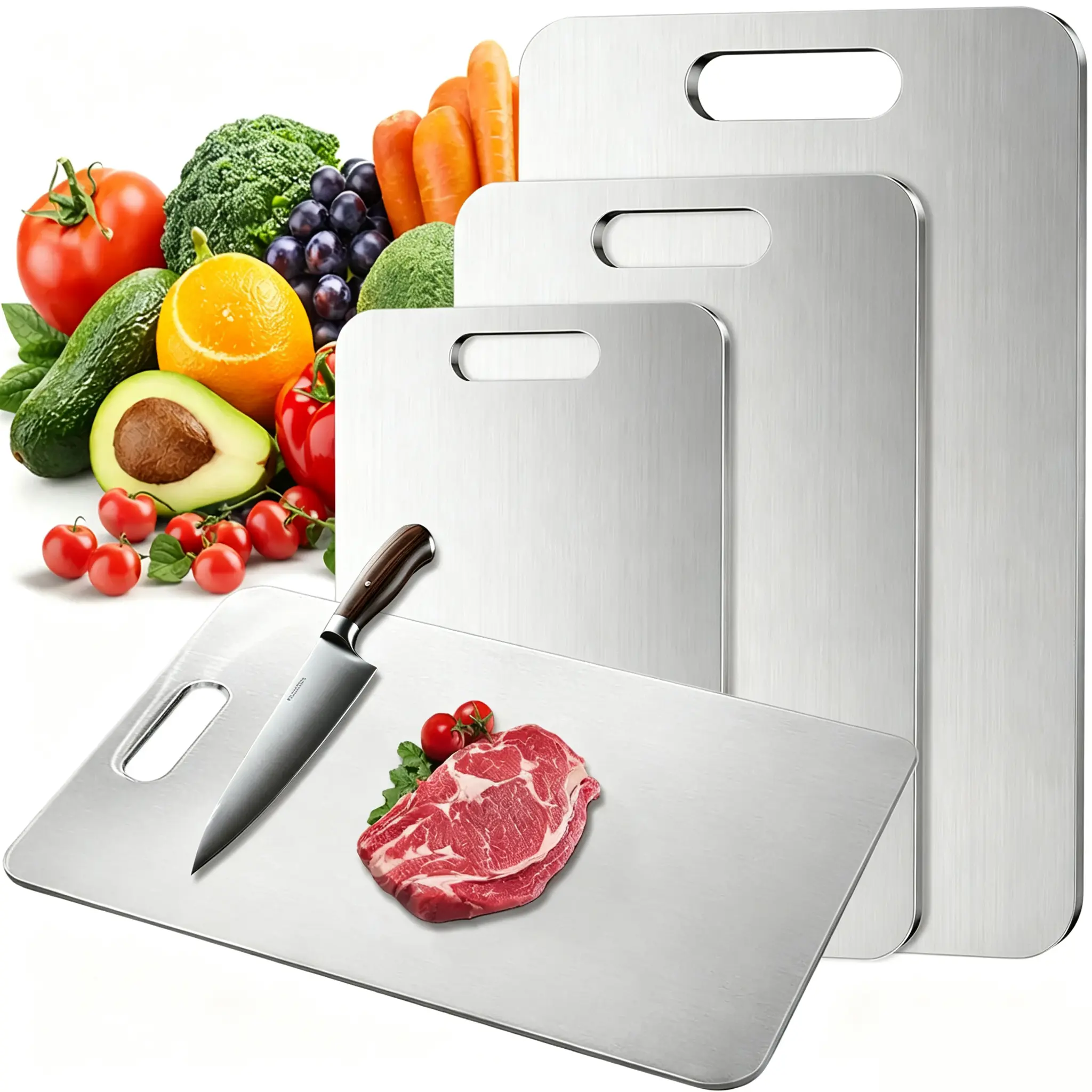 3PCS Food Grade Stainless Steel Cutting Board Set S+M+L Ultra-Thin Durable Rustproof Easy to Clean for Meat Vegetables Fruit Home Kitchen & Outdoor Use - Knives#Summervibes #homeessentials