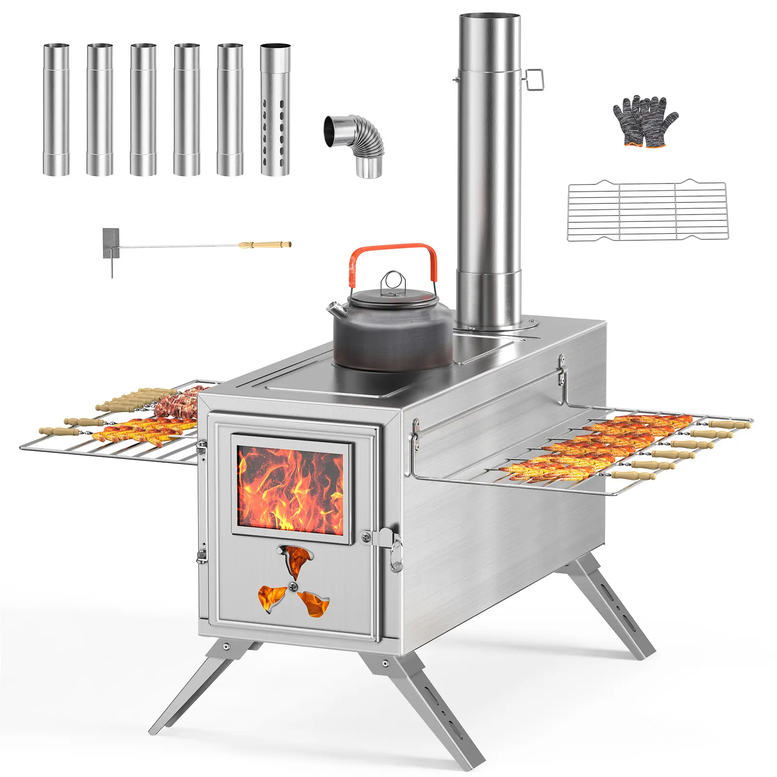 ABORON Hot Tent Stove, Portable Camping Wood Stove Stainless Steel Wood Burning Stove with 7 Chimney Pipes for Outdoor Cooking, Ice Fishing, Hunting, Boiling Water