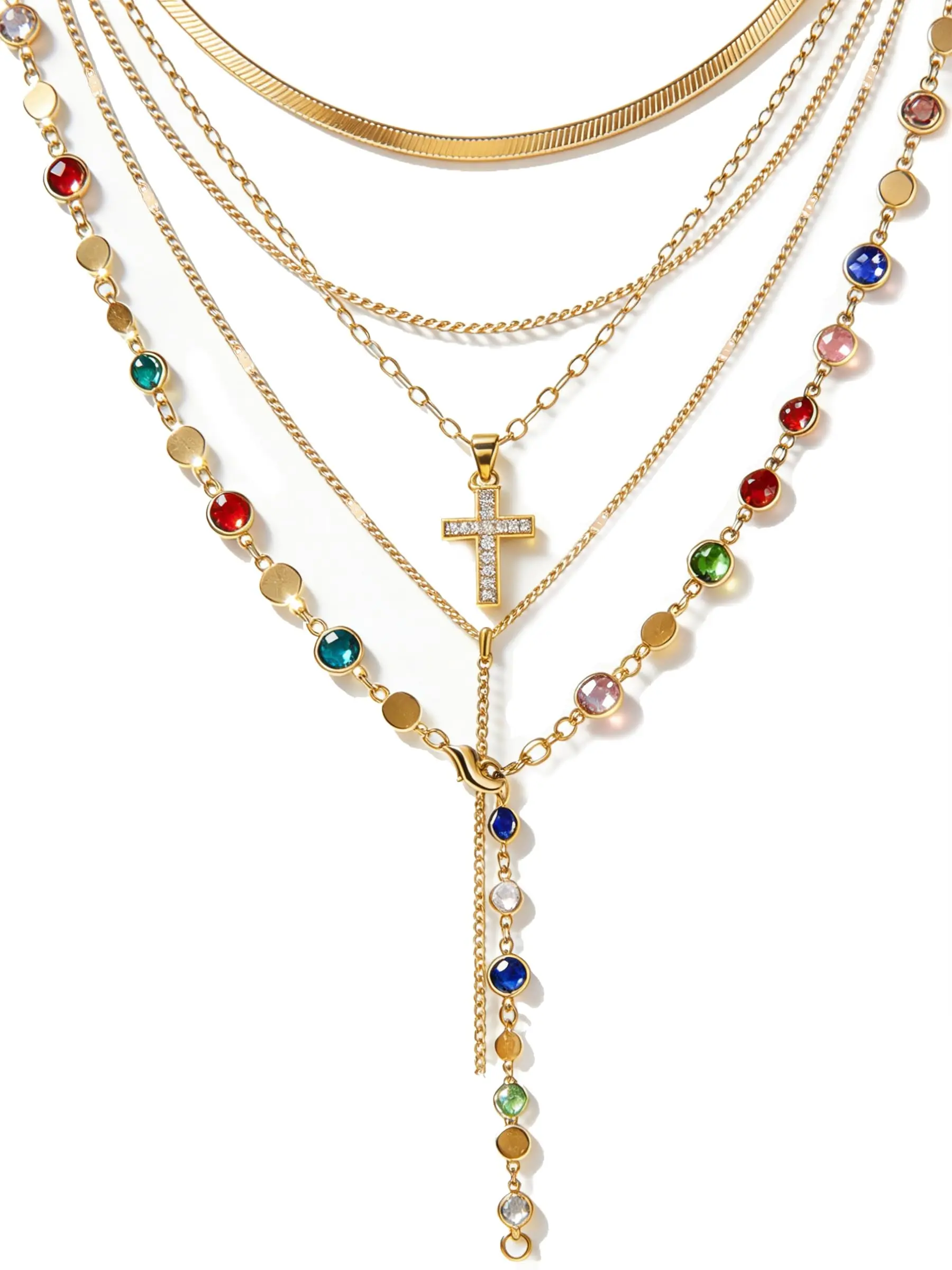 5pcs 14k Cross Necklaces for Women, Pendant Stacked Layered Diamond Y Long Boho Jewelry Sets, Adjustable Accessories, Trendy Gifts, Statement Necklace, Stacking Necklace