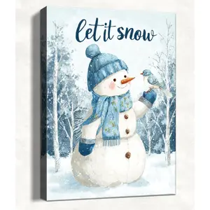 Framed Christmas Wall Art, Blue Snowman Canvas Art, Rustic Winter Christmas Pictures Wall Decor for Home, Cabin, Living Room, Bedroom 16x20in