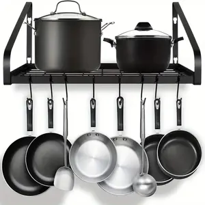 1 Set Hanging Pot Rack, Pot And Pan Organizer Wall Mounted Pots Holder Kitchen Storage Shelf With 8 Hooks, Ideal For Pans Set, Utensils, Cookware, Books, Household, Black, Kitchen Accessories
