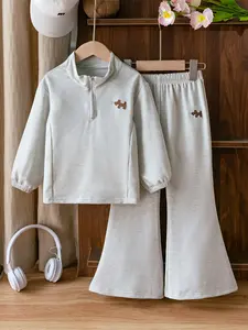 Girls' Fall Winter Set, Long Sleeve Half Button Casual Top + Wide Leg Pants, Soft Skin-Friendly Fabric, Perfect for Outdoor Parties, Practical Choice, Everyday Wear