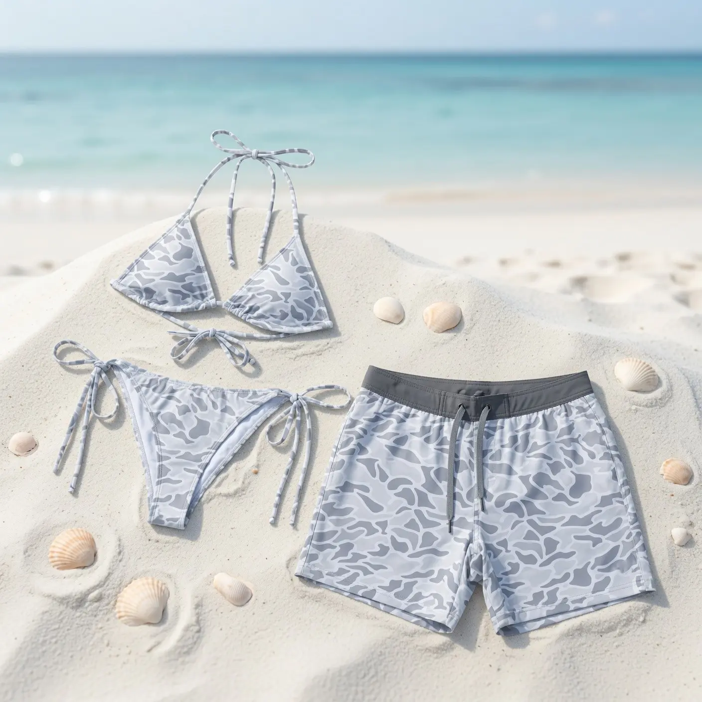 Matching Gray Duck Camo Couple Swimwear Set, Triangle Tie Bikini & Men's Swim Shorts, White Camo His and Hers Swimsuit, Beach Vacation Gift