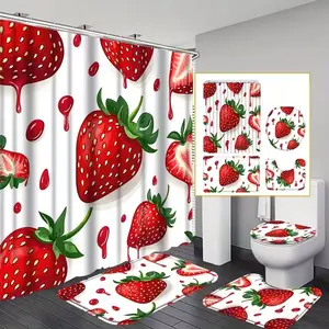 Strawberry pattern shower curtain set, non-slip mat, U-shaped rug, toilet seat cover, perfect for bathroom decoration, beautifies the space, includes 12 shower curtain hooks, Bathroom Accessory